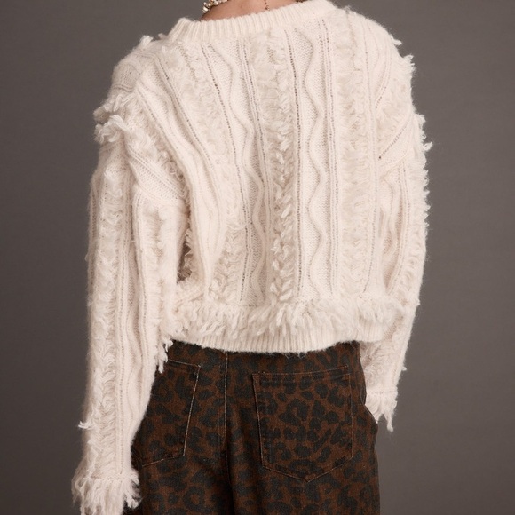 12th Tribe Lorie Beige Fringe Sweater Boho Oversized Crewneck Sweater Women’s M - Picture 2 of 12